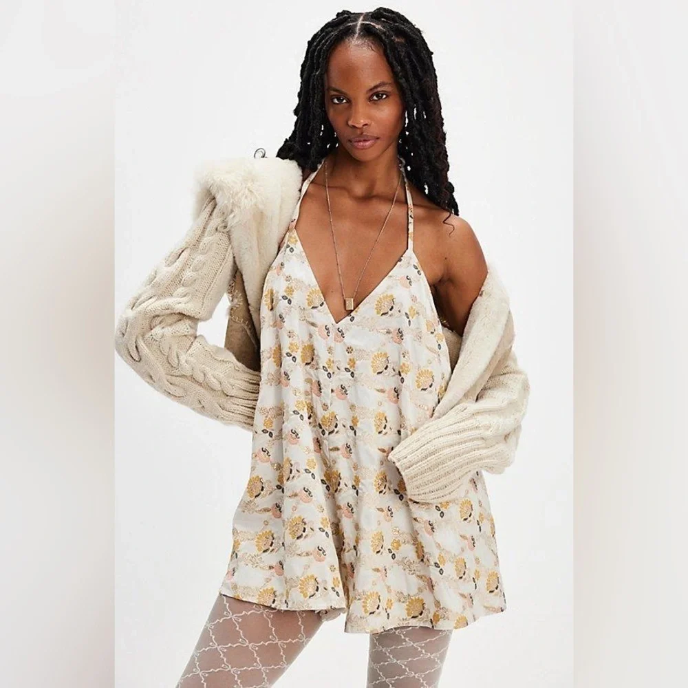 FREE PEOPLE CHIARA PLAYSUIT FLORAL EMBROIDERY PINK , CREAM AND GOLD ROMPER